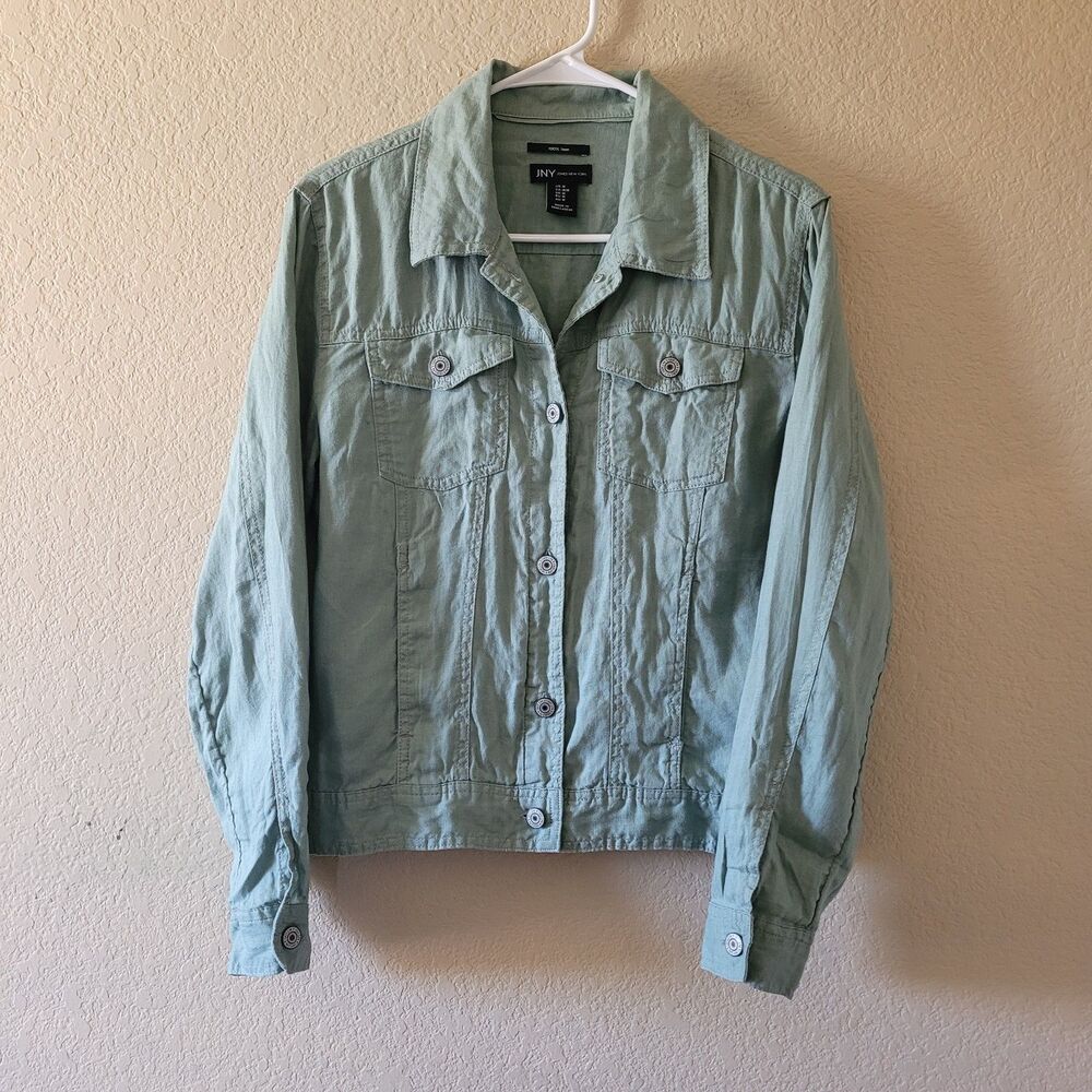 JNY Jones New York Womens M Flax Linen Button Down Trucker Jacket Green Preppy